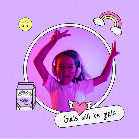 neşeli küçük kız müziğe atlıyor Instagram Tasarım Şablonu
