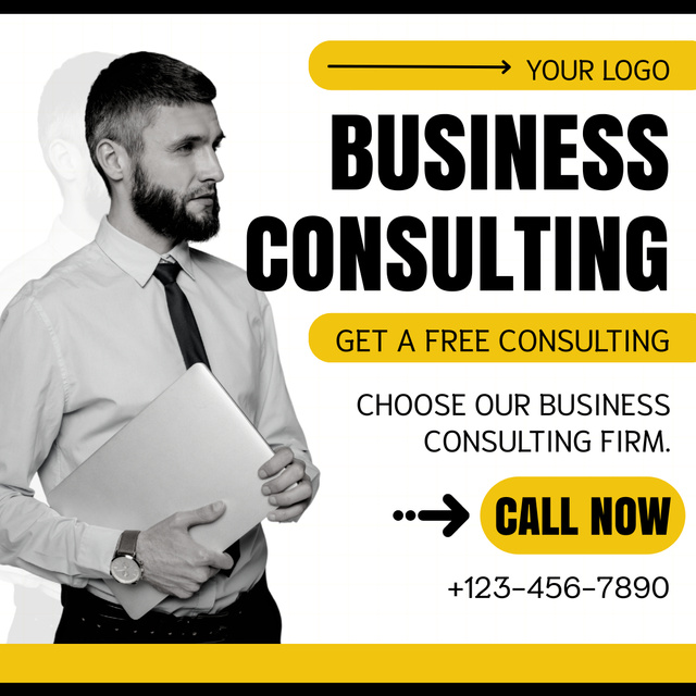 Template di design Services of Business Consulting with Businessman holding Laptop LinkedIn post