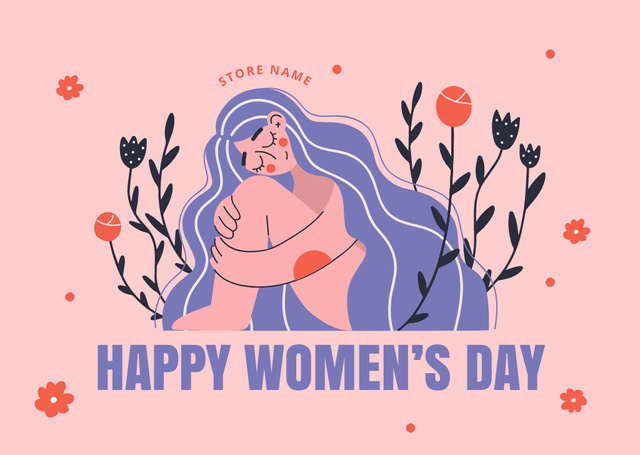 Platilla de diseño Global Feminine Empowerment Day Greeting with Woman And Flowers Card