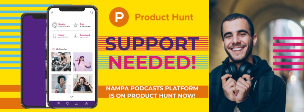 Ontwerpsjabloon van Facebook cover van Product Hunt Campaign with Man Wearing Headphones