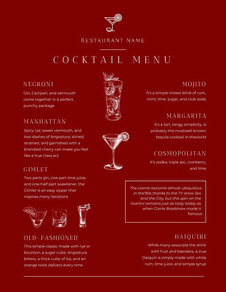 Stylish Minimal Maroon Cocktail Sketch Menu 8.5x11in – шаблон для дизайна