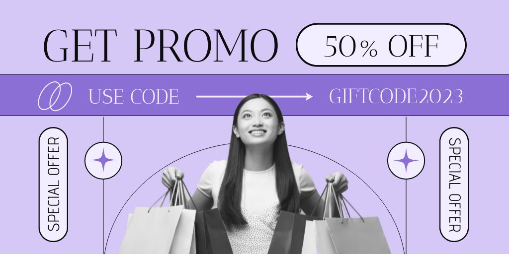 Promo of Fashion Sale with Happy Woman holding Shopping Bags Twitter Tasarım Şablonu