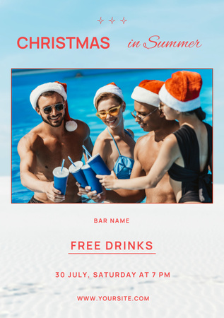 Ryhmä ihmisiä joulupukin hatuissa rannalla juomassa juomia Postcard A5 Vertical Design Template