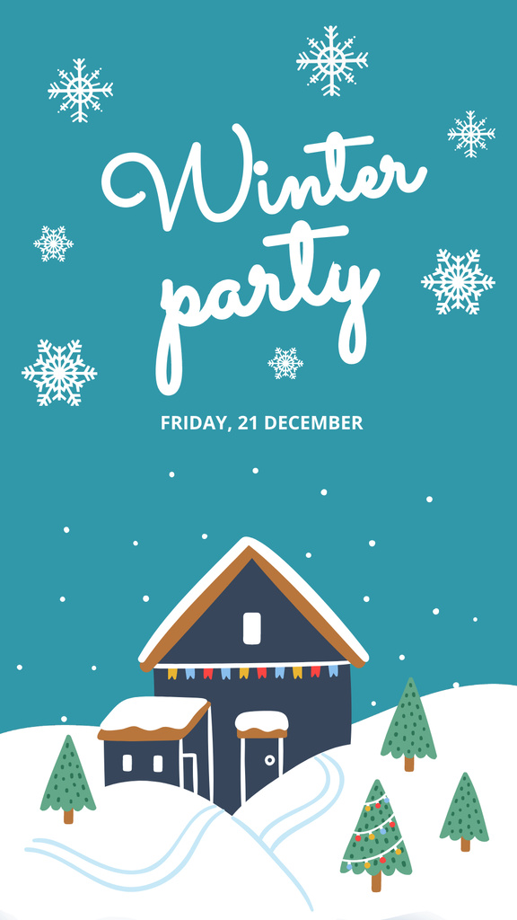 Winter Party Announcement with Snowy House Instagram Story tervezősablon