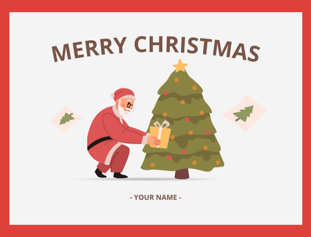 Modèle de visuel Voeux de Noël avec le Père Noël Puting Present près de l'arbre - Postcard 4.2x5.5in