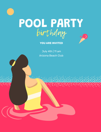 Birthday Party Announcement with Woman in Sweet Pool Invitation 13.9x10.7cm tervezősablon