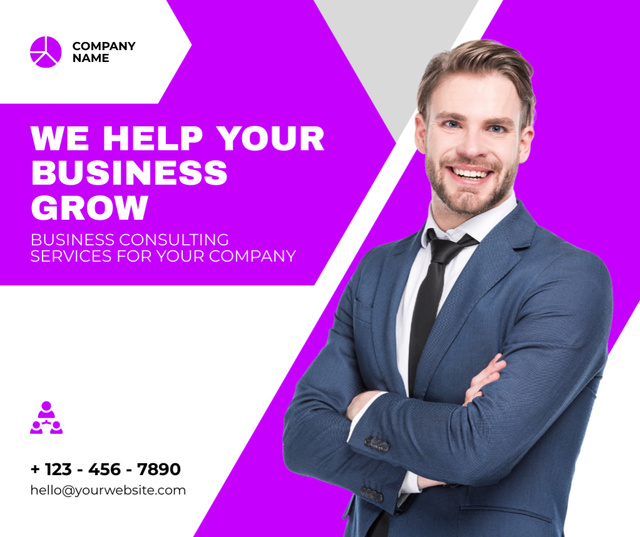Business Consulting Services with Friendly Businessman Facebook Tasarım Şablonu