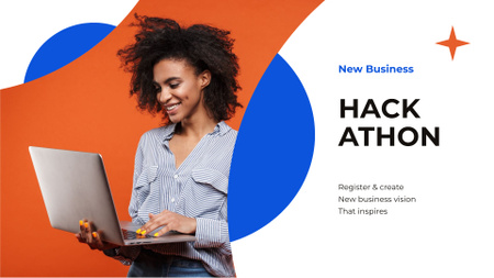 Smiling Woman taking part in Business Hackathon FB event cover Design Template