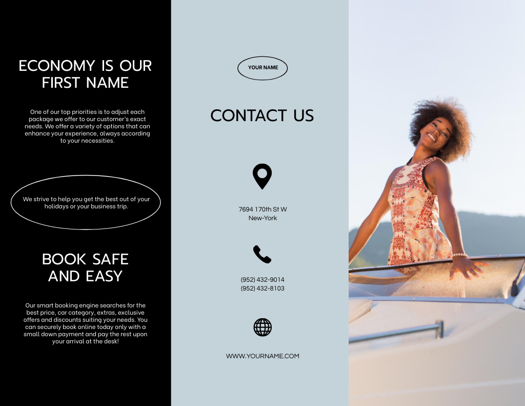 Template di design Yacht Rent Offer with Smiling Woman Brochure 8.5x11in