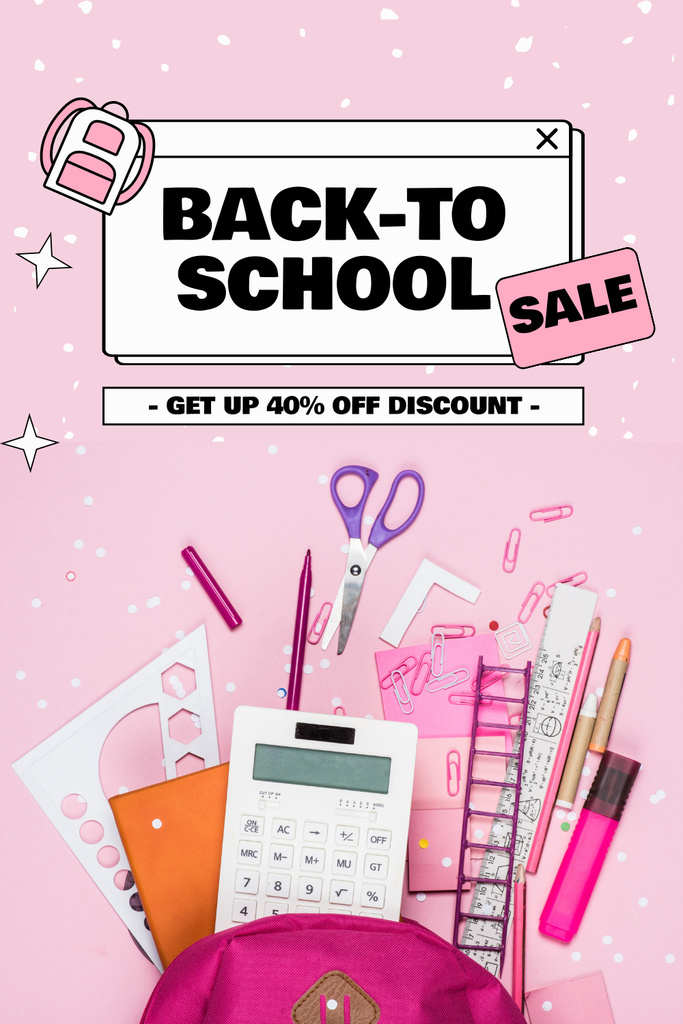 School Sale with Discount on Backpacks and Stationery Pinterest Design Template