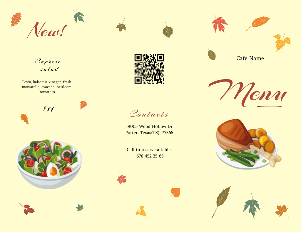 Illustrated Salad And Fried Chicken Leg Menu 11x8.5in Tri-Foldデザインテンプレート