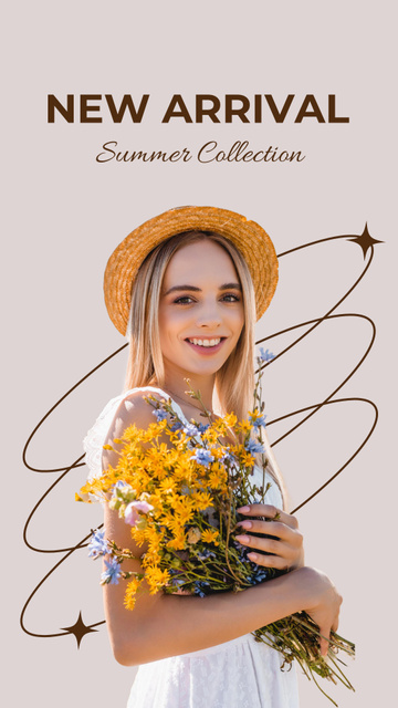 Designvorlage Beautiful Young Woman in Straw Hat with Bouquet of Flowers für Instagram Story