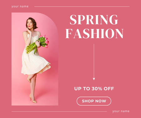 Designvorlage Spring Sale with Young Woman with Bright Pink Tulips Bouquet für Facebook