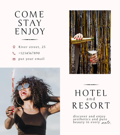 Resort Ad with Young Woman and Festive Champagne Brochure 9x8in Bi-fold Tasarım Şablonu