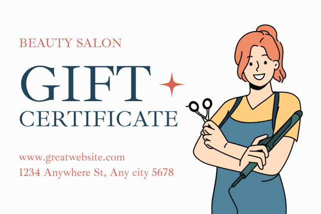 Beauty Salon Ad with Hairstylist with Tools Gift Certificate Tasarım Şablonu