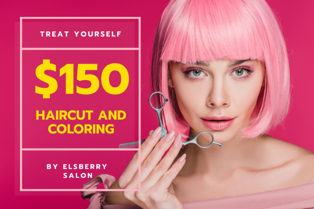 Hairstyle Offer Girl with Pink Hair Gift Certificate Πρότυπο σχεδίασης