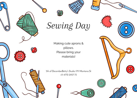 Platilla de diseño Sewing Day Event Announcement with Needlework Tools Flyer 5x7in Horizontal