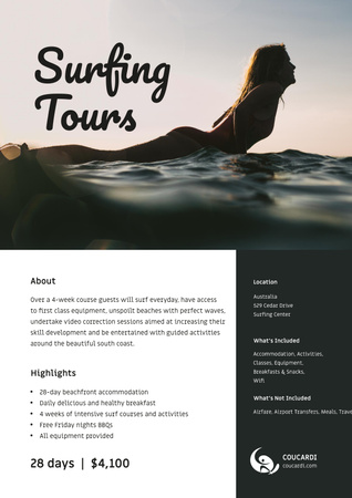 Surfing Tous Offer with Girl on surfboard Poster Design Template