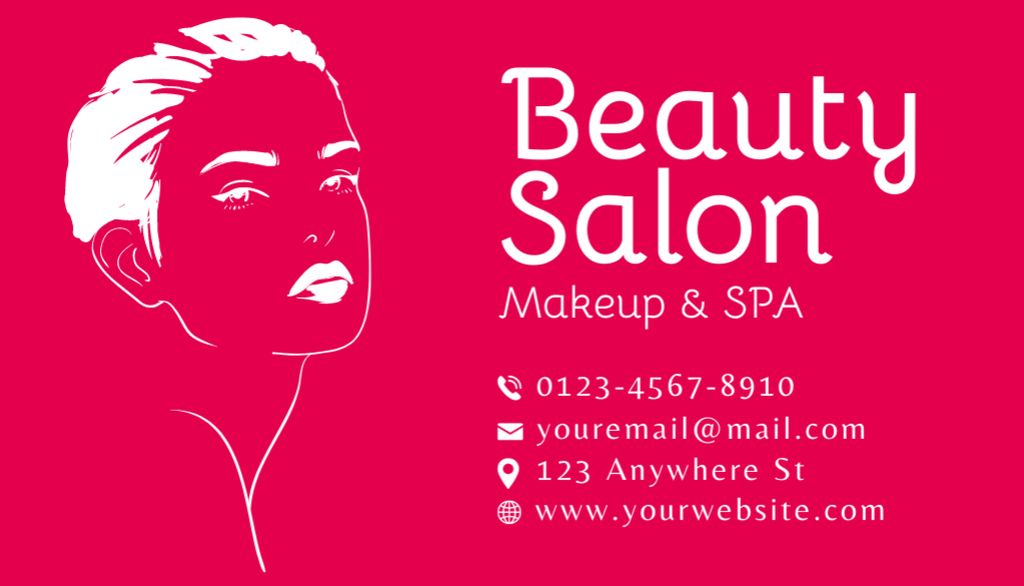 Beauty Salon Ad with Illustration of Woman on Red Business Card US Modelo de Design