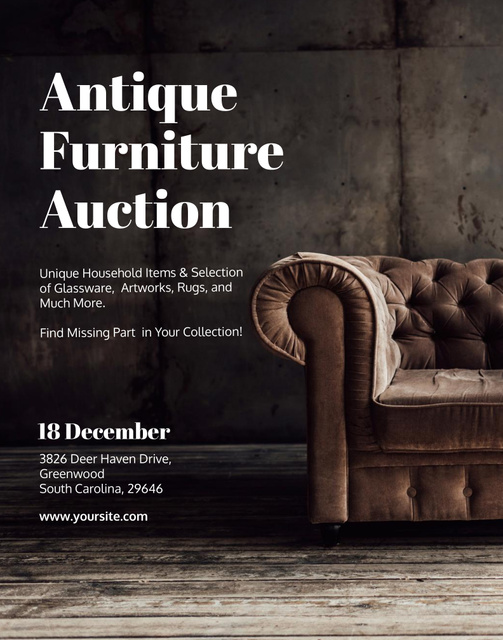 Collectible Furniture Auction With Luxury Brown Armchair Poster 22x28in tervezősablon