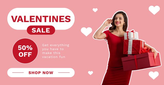 Valentine's Day Sale Announcement with Attractive Brunette in Red Facebook AD Šablona návrhu