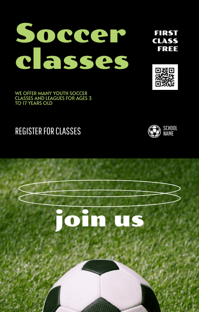 Soccer Classes Ad with Ball on Grass Invitation 4.6x7.2inデザインテンプレート