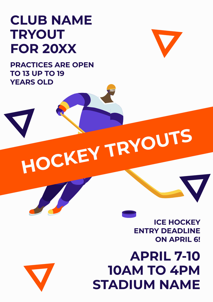 Hockey Tryouts Invitation with Sportsman Poster Design Template