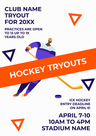 Hockey Tryouts Invitation with Sportsman Poster Design Template