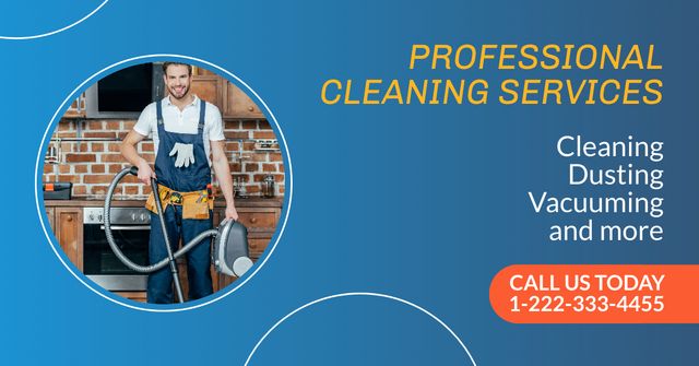 Cleaning Service Ad with Man in Uniform Facebook AD Πρότυπο σχεδίασης