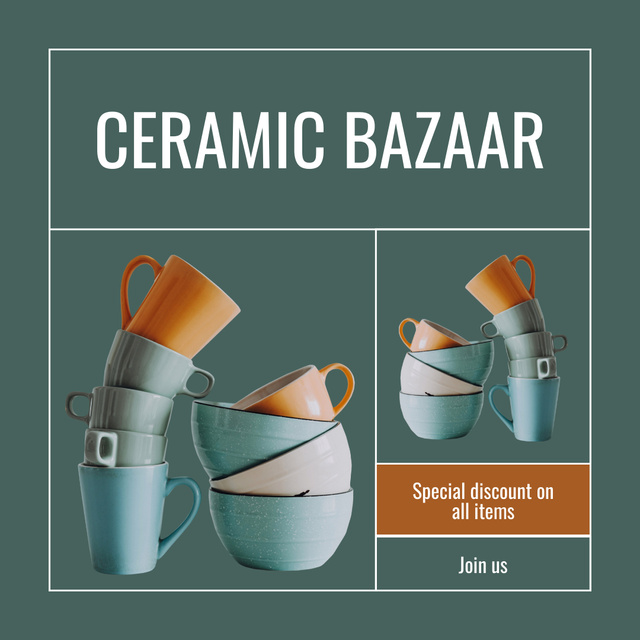 Ceramic Bazaar With Discount For Mugs And Bowls Instagram Tasarım Şablonu