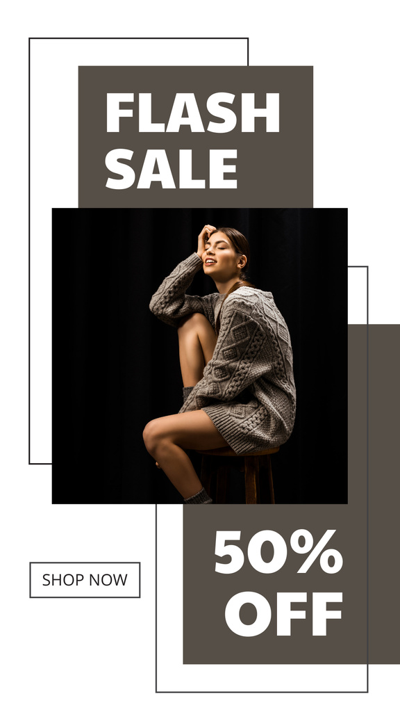 Young Woman in Stylish Sweater At Half Price Instagram Story Šablona návrhu