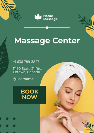 Ontwerpsjabloon van Flayer van Spa and Massage Services Advertisement with Woman Using Jade Roller
