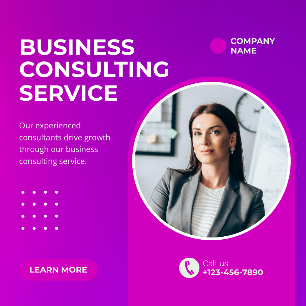 Business Consulting Services with Woman in Office LinkedIn postデザインテンプレート