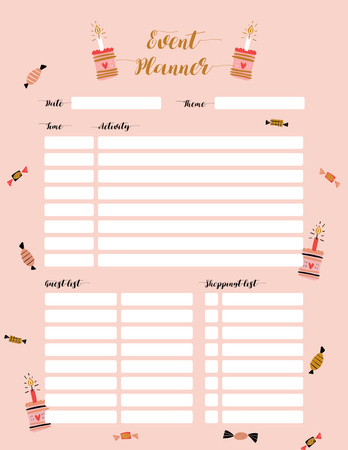 Event Planner with Candies and Cakes on Pink Notepad 8.5x11in Design Template