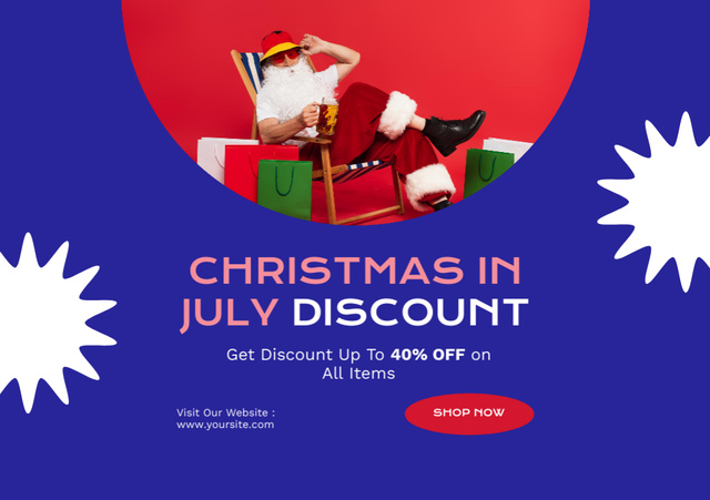 Christmas Discount in July with Merry Santa Claus in Blue Flyer A5 Horizontal Design Template