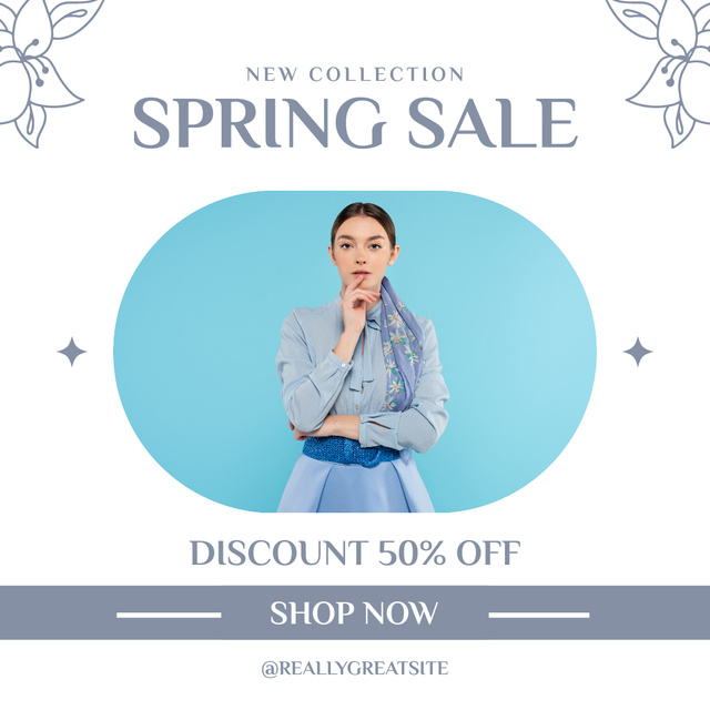 Spring Sale Announcement with Woman in Blue Instagram Design Template