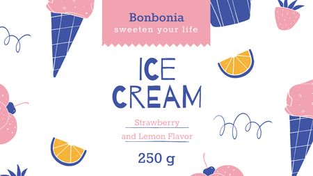Ice Cream Sale Ad with Cones and Fruits in Pink Label 3.5x2in Design Template