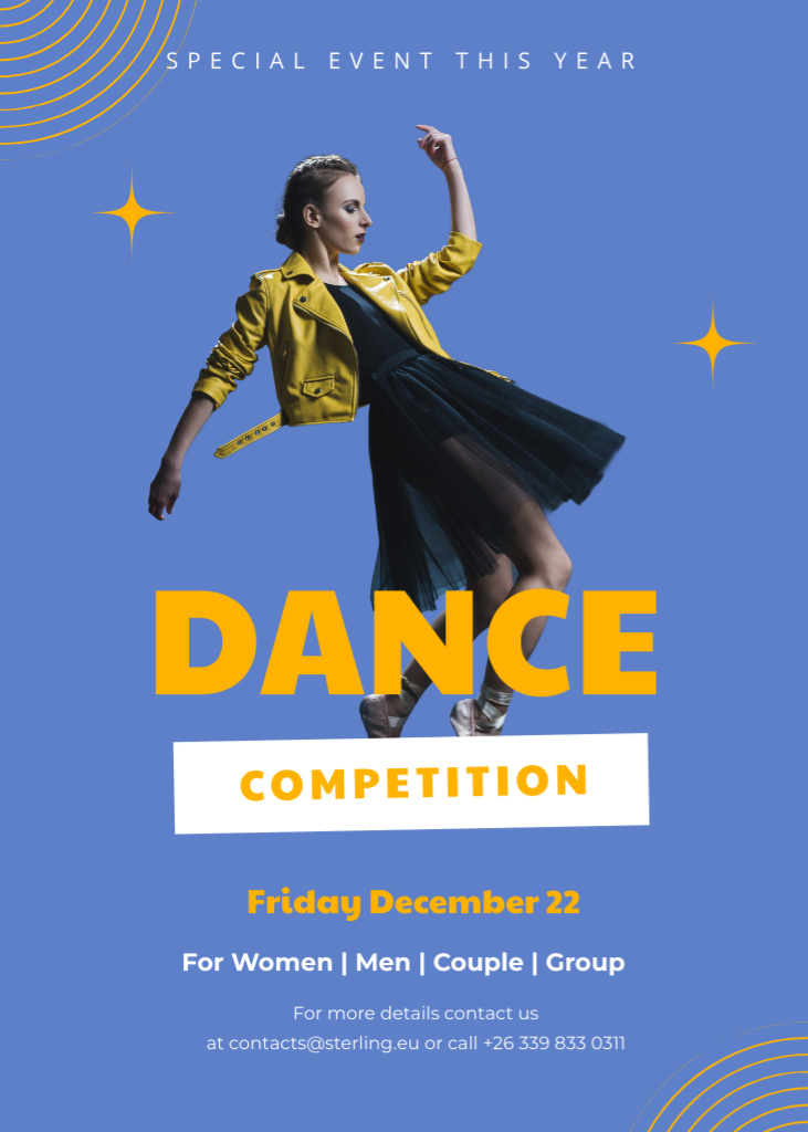 Dance Competition Ad with Young Woman on Blue Flayer Tasarım Şablonu