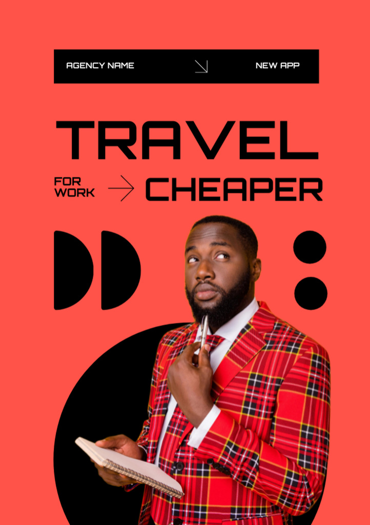 Cheaper Business Travel Agency Services Offer with African American Man Flyer A5 Design Template
