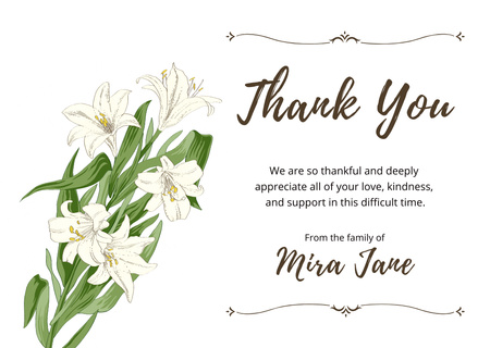 Funeral Thank You Card with Flowers Bouquet Card Design Template