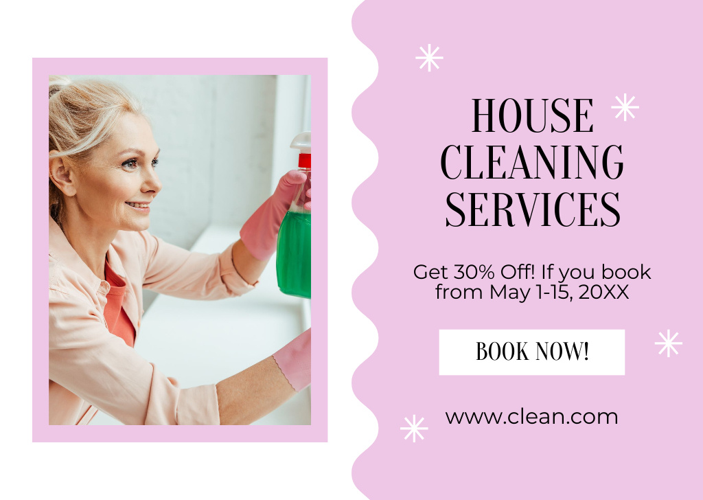 Designvorlage Cleaning Services Discount on Pink für Flyer A6 Horizontal