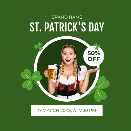 St. Patrick's Day Discount Offer With Beautiful Young Blonde Woman Instagram Design Template
