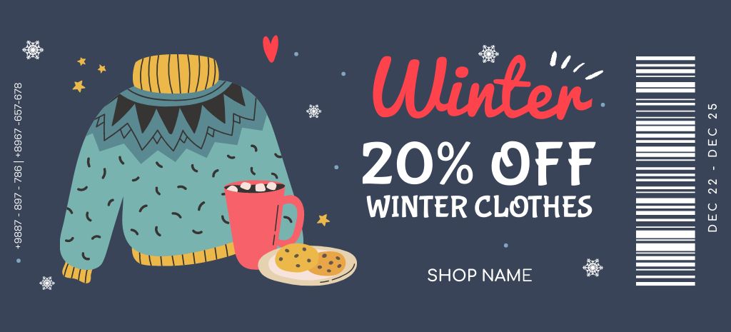 Discount on Winter Clothes Blue Illustrated Coupon 3.75x8.25in Design Template