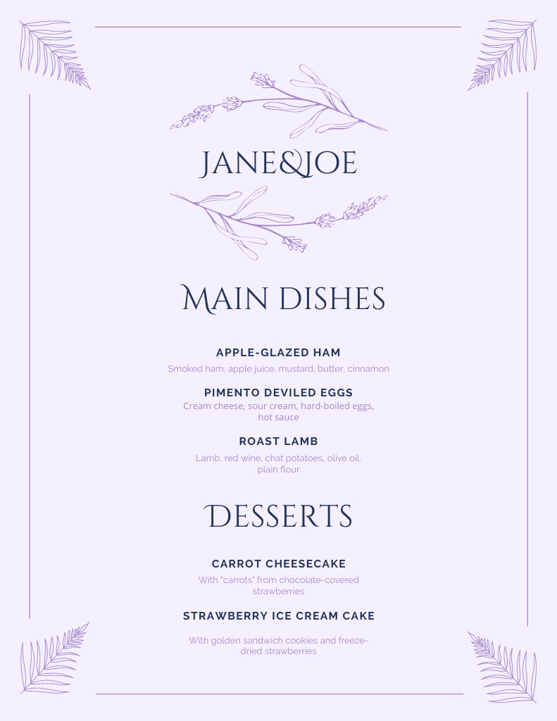 Minimalist Light Purple Wedding Foods List Menu 8.5x11in – шаблон для дизайну