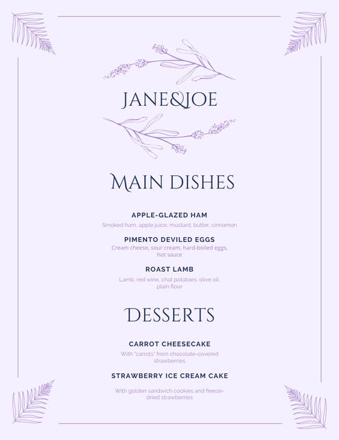 Minimalist Light Purple Wedding Foods List Menu 8.5x11in Design Template
