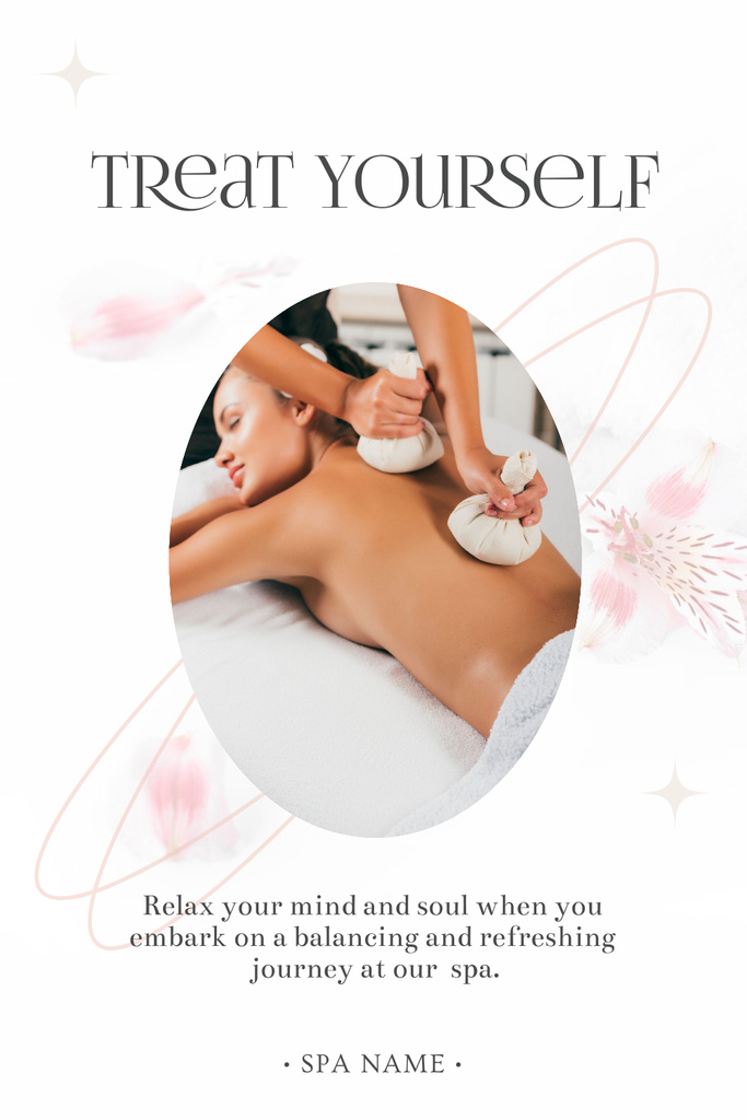 Ontwerpsjabloon van Pinterest van Beautiful Young Woman Having Back Massage with Herbal Pouches