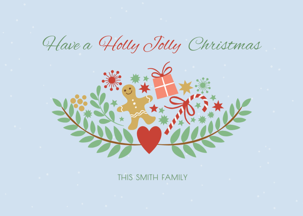 Ontwerpsjabloon van Postcard 5x7in van Christmas Holiday With Cute Gingerbread And Gifts