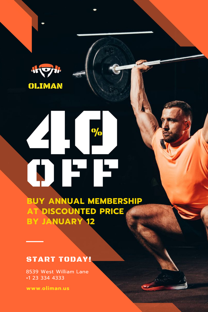 Gym Promotion with Man Lifting Barbell Pinterest Design Template