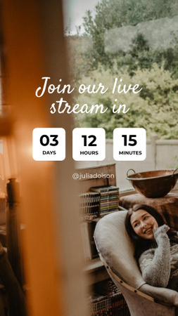 Live Stream Ad with Woman in Cozy Armchair Instagram Story Modelo de Design