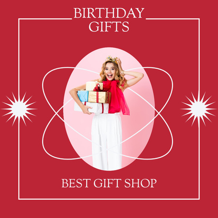Gift Shop Promotion with Woman Carrying Birthday Gifts Instagram Design Template
